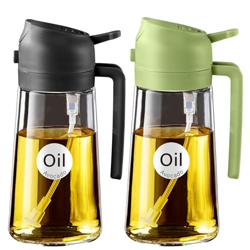 YARRAMATE Dispensador de azeite conjunto de 2, spray de cozinha 2 em 1 470 ml, pulverizador de óleo de qualidade alimentar para cozinha, grelha (preto e verde)
