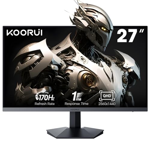 KOORUI Gaming Monitor de 27 polegadas, QHD 2560 x 1440 PC ecrã com tecnologia Adaptive-Sync (painel IPS, 170Hz, 1 ms, DCI-P3 90%, Gsync compatibilidade, 2 x HDMI, VESA, DisplayPort, inclinação ajuste