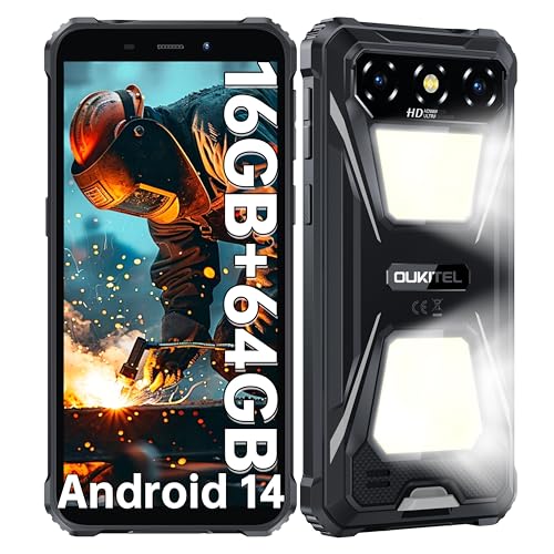 OUKITEL G5 telemóvel inquebrável Android 14-16 GB + 64 GB (1TB TF) telemóvel rugerizado com luz dupla de campismo, bateria de 6300 mAh, smartphone HD de 6,0", câmara 13 MP + 5 MP, Face ID, dual 4G SIM