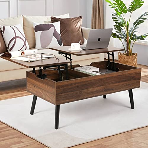 VOWNER Mesa de centro, mesa de centro regulável em altura, removível, extensível, compartimento de armazenamento oculto independente, placa dupla elevável, mesa de sofá de sala de estar, nogueira cor