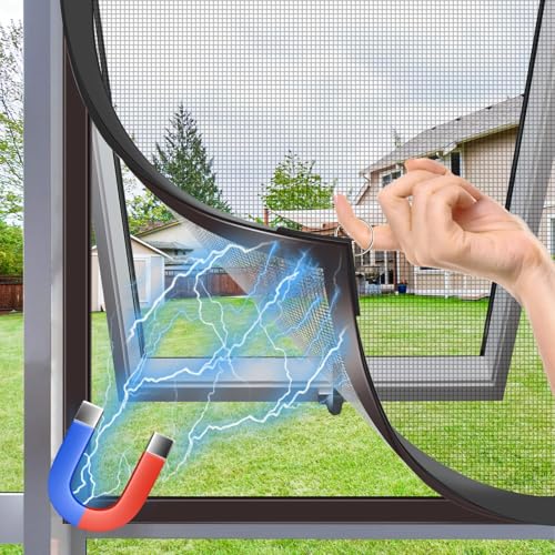 MLEJU Rede mosquiteira magnética para janelas, 120 × 130 cm, malha de fibra de vidro, ajustável mosquiteira com janela magnética, fácil instalação sem perfuração, fácil de limpar, moldura preta e rede
