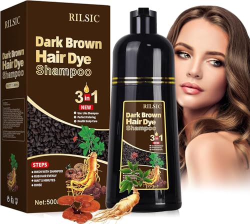RILSIC 500 ml champô tinta cabelo castanho escuro, Black Hair Dye Shampoo champô 3 em 1, champô cor champô champô champô cor champô cabelos tingidos instantâneo cobertura canas, coloração cabelo barba