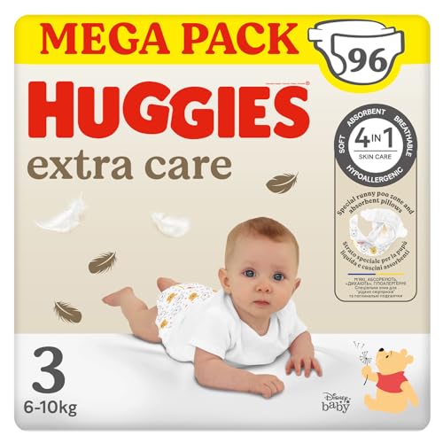 Huggies Fralda extra cuidado para bebé com desenhos Disney tamanho 3 (5 - 9 kg), 3 embalagens x 32 fraldas, 96 fraldas com almofadas extra macias que cuida da pele do bebé