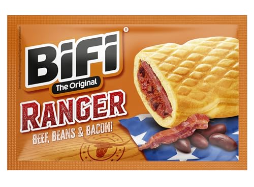 BiFi Ranger - Embalagem de 20 unidades de 60 g, salsichas com feijão e bacon embrulhados em folha, snack original de salame para transportar, para viagens, escritório ou desporto, com carne bovina e