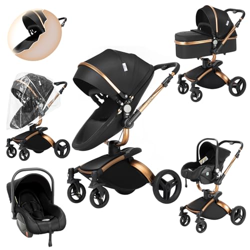 Sistema de viagem 3 em 1 carrinho de passeio carrinho com tampa 3 em 1 carrinho de bebé para recém-nascido carrinho de viagem portátil dobrável com paisagem alta de luxo real (906 Black)