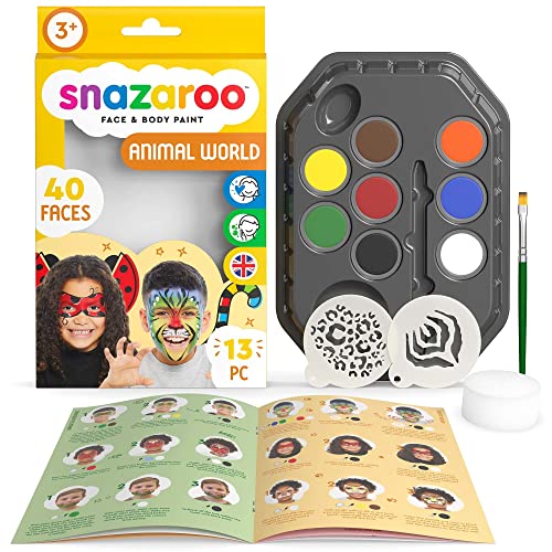 Snazaroo - Kit de pintura facial mundo animal para crianças e adultos, 8 cores, 2 modelos, 1 pincel, 1 esponja, 1 guia passo a passo, base de água, maquilhagem pinturas