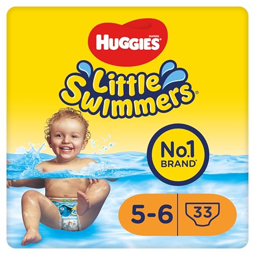 Huggies Little Swimmers Fraldas de banho para bebé tamanho (5-6), barreiras anti-fugas para proteção máxima na água, 33 fraldas descartáveis