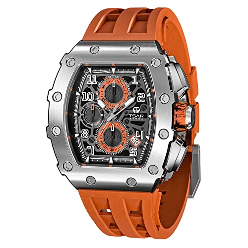 TSAR BOMBA Relógios homem 50 m à prova de água caixa Tonneau de aço inoxidável correia de silicone de cristal de safira cronógrafo função de data movimento de quartzo presentes para homens moda luxo