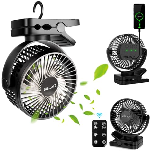ELZO Ventiladores de mesa, Camping USB 12000 mAh silencioso portátil pessoal recarregável ventilador de mesa com 3 velocidades luz LED, rotação de 360°, controlo remoto para escritório carrinho