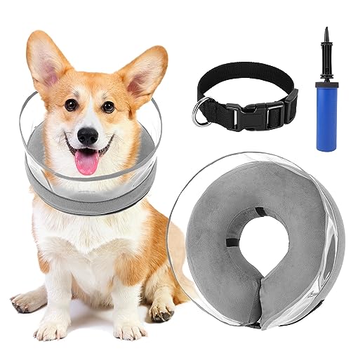 Nasjac Coleira insuflável para cães, ajustável, macia e confortável, evita que cães e gatos toquem os pontos de sutura e lambam as feridas após a cirurgia