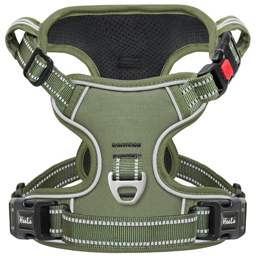 HEELE Arnês de peito para cães com fecho de catraca com fecho de catraca com fecho ajustável refletor e aberto no pescoço e arnês anti-tração para cães, cor verde