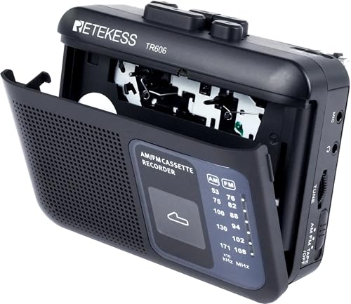 Retekess TR606 Leitor de cassete portátil, FM Am Radio, rádio cassete portátil, jack de auriculares de 3,5 mm, 2 métodos de fornecimento de energia, presentes entre amigos (preto)