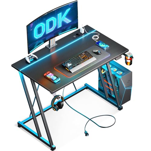 ODK 80 × 50 cm mesa de jogos com luzes LED e tomada de corrente, mesa de jogos com suporte para caneca e gancho para auriculares, design duplo Z mesa computador fibra de carbono preto