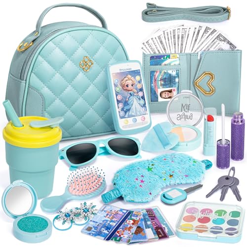 Bolsa para meninas com acessórios - Frozen Elsa mala brinquedos de maquilhagem falsa, garrafa de água, carteira telefone chaves, brinquedos de congelado, aniversário menina 3