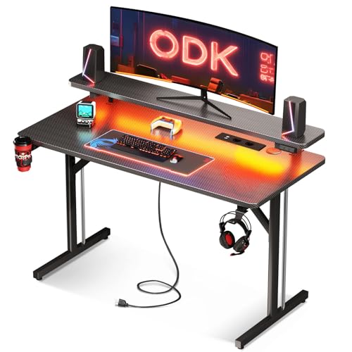 ODK Mesa de jogos, 100 cm, mesa de jogos com luzes LED e tomadas de corrente, mesa Gamer com prateleira para monitor, mesas de secretária computador fibra de carbono preto