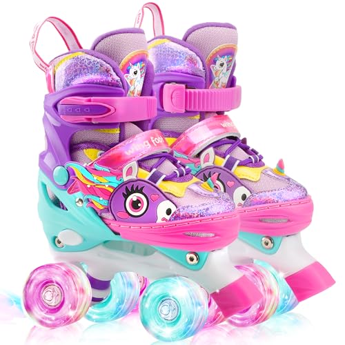 Unicórnio Patins para meninas patins 4 rodas patins ajustáveis com iluminação LED para meninas meninos iniciantes aniversário
