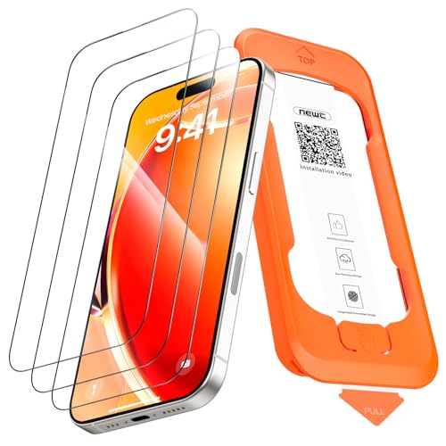 NEW'C 3 peças, protetor de ecrã cobertura total para iPhone 17, iPhone 16 Pro 6,3 polegadas [Instalação automática], vidro temperado - ultra resistente - eficaz contra raios