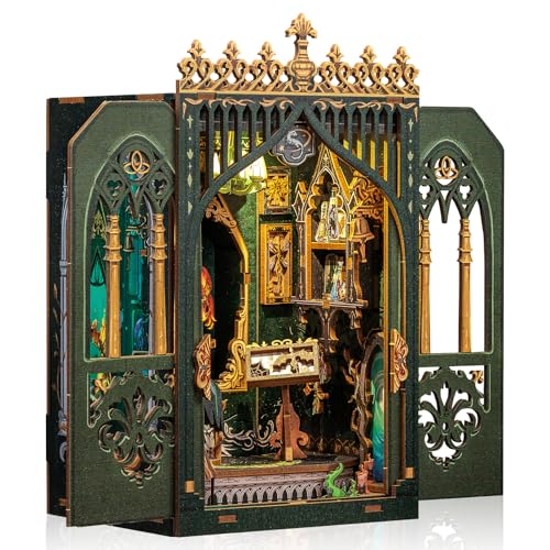 Cutefun - Diorama da biblioteca para montar sozinho, de madeira, miniatura, decoração de prateleiras, kit de modelo com luzes LED, herbário escuro