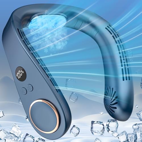 DDKJ Ventoinha de pescoço com ar condicionado 5500 mAh, decote de 5 velocidades, Neck Fan USB Rechargeable 3 níveis de frio, mini ventilador portátil para interior / exterior - azul