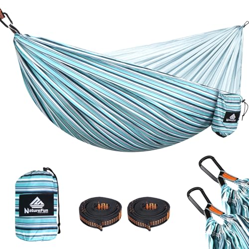 NATUREFUN Rede ultraleve para Camping| 300 kg de capacidade de carga, estilo paraquedas, de Nylon, respirável e de secagem rápida 2 mosquetões premium, 2 lingas de nylon incluídas.