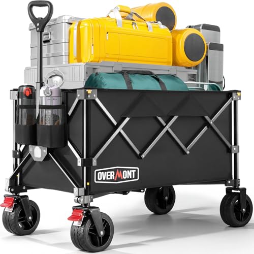 Overmont Carrinho dobrável para festivais, capacidade de 150 kg, para campismo, praia, jardim, piquenique, compras, carrinho resistente com pega ajustável, rodas e travão todo o terreno