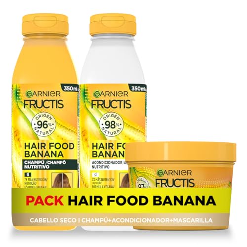 Garnier Fructis Hair Food Pack Banana nutritiva com champô, condicionador e máscara. Limpo, desembaraçado e neutro, para cabelo seco, fórmula vegana, sem silicone
