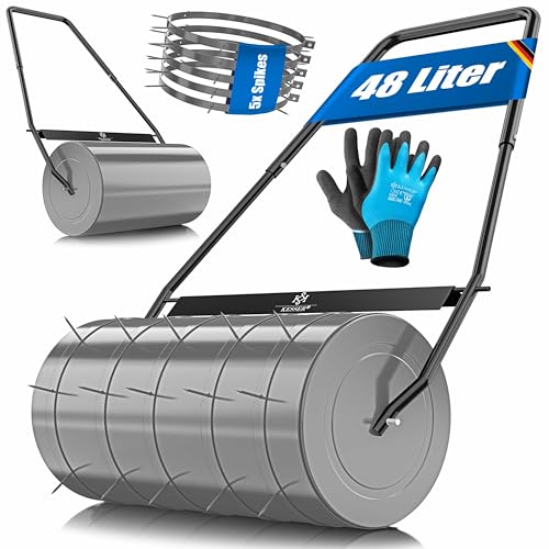 KESSER® Rolo de relva, 60 cm, 48 l, volume de enchimento de metal, com repelentes de sujidade e luvas, rolo de mão, rolo de relva, rolo de jardim, enchimento com água/areia, 60 kg,