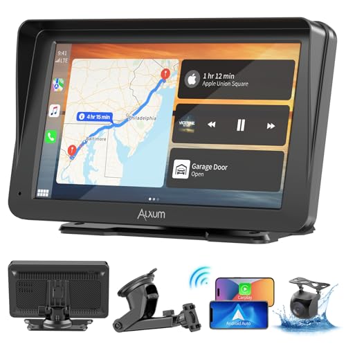 Alxum Carplay carro ecrã portátil 7 » IPS Driveplay FM transmissor carro Bluetooth carro jogo monitor com câmara de visão traseira, suporte para cartão TF, FM, AUX para todos os carros.