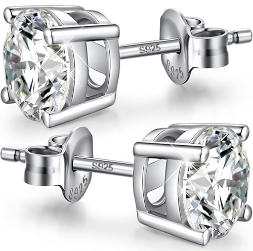 Jiamiaoi Brincos de porca banhados a ouro branco de 18 quilates com diamantes de corte princesa de prata de lei 925 AAAA com zircónia cúbica para mulheres e homens, hipoalergénicos, conjunto de brincos de porca de 4 a 8 mm