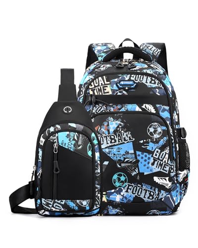 Tanou Mochila escolar adolescente para criança, mochilas escolares grandes para menino de 10 a 18 anos, mochila instituto de nylon impermeável de 2 peças com saco de peito, Azul e rosa: