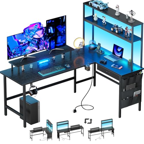 HLFURNIEU Mesa de jogos LED 170 x 100 cm, secretária de canto com tomadas e portas USB, secretária de jogos em L, com estanteria, gaveta e bolsa de armazenamento, suporte para monitor, preto