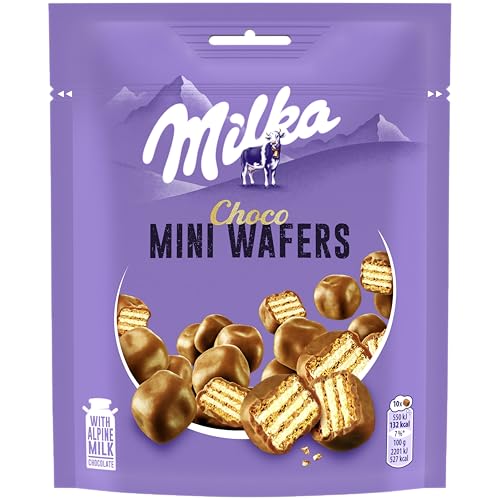 Milka Mini Wafers bolachas casquilho com enchimento cremoso e cobertura de chocolate com leite dos Alpes 110 g