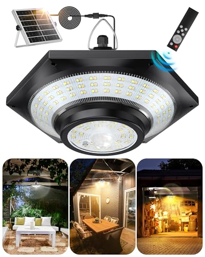 FabStyl Luz solar exterior de 3 cores, 228 unidades LED, 4000 LM, luz pendente solar exterior com 5 modos, temporizador e controlo remoto, luz solar com sensor de movimento para garagem, celeiro,