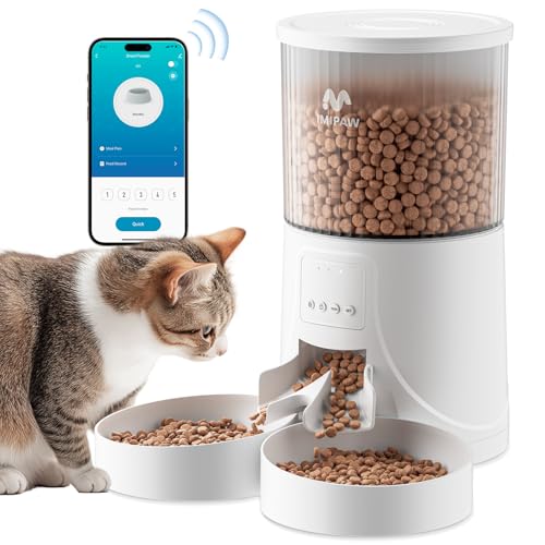 IMIPAW Alimentador de gato automático, 2,4 G WiFi, dispensador de comida para cães, gatos com duas tigelas, controlo de aplicativos (branco-WiFi)