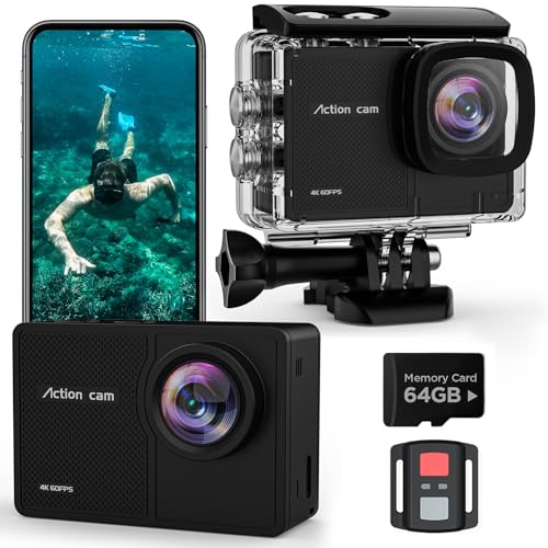 4K 60FPS Câmara desportiva - 48MP WiFi câmara de vídeo com cartão SD 64G, 170° EIS câmara aquática, câmara subaquática 40 m, câmara de ação para capacete com controlo remoto, 2 * 1350 mAh baterias