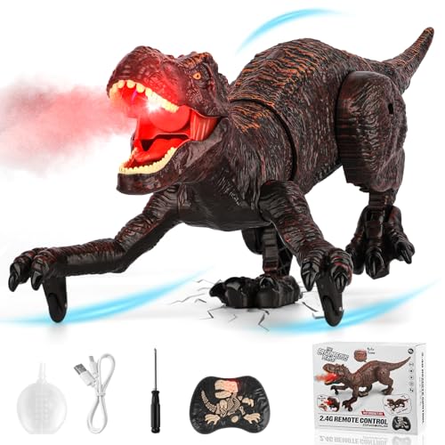 Brinquedo dinossauro remoto, 2,4 GHz RC Dino Robots com pulverização, ruído e luz, caminhada, rádio controlo de animais recarregável interativo dragão jogos educativo presente para meninos meninas 5 6