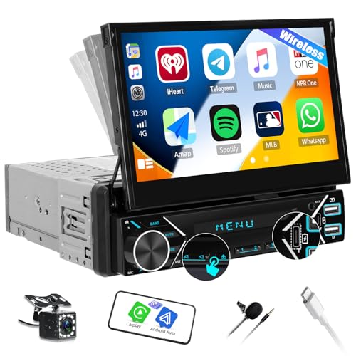 Atualização Wireless: Cabeceira rádio para carro Bluetooth 1 DIN com Wireless Carplay e Android Auto, ecrã tátil retrátil com FM/USB/SD ligação espelho + câmara