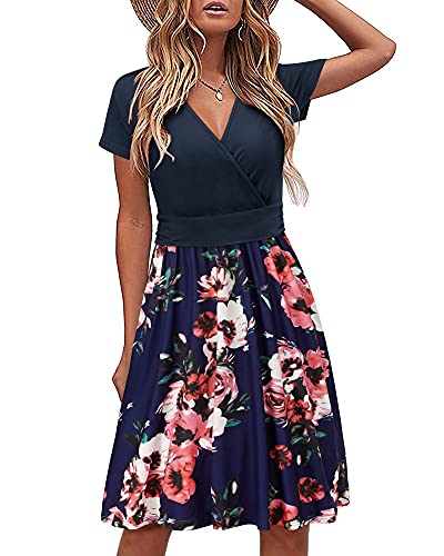 STYLEWORD Vestido de verão para mulher, vestidos florais de manga curta até ao joelho, com bolsos