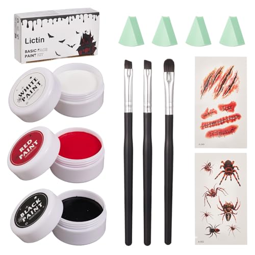 Lictin Maquilhagem de Halloween-3 cores, preto vermelho e branco, contém 3 pincéis, 2 esponjas e 2 autocolantes para tatuagem. Pintura facial de Halloween, ideais para zombies, vampiros, monstros e