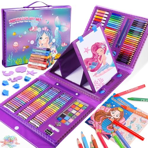 HappyGoLucky Presente menina 3 4 5 6 7 8 9 10 anos, sereia Maletin pinturas para crianças presentes de aniversário crianças colégio lápis cores sereia brinquedos menina 3-10 anos cores para pintar