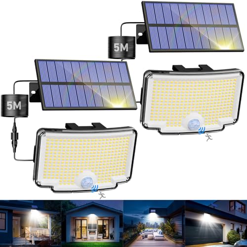 nipify Focos LED exteriores solares, luz solar com sensor de movimento, 318 LEDs/3 modos, impermeável potente candeeiro solar para jardim, garagens, caminhos, 2 pacotes branco frio