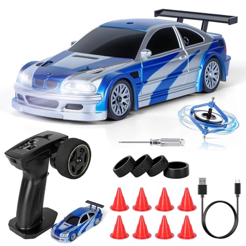 JONRRYIN Carro remoto Drift Pro, 1:43 Mini Drift RC Car, 4 WD Car Radiocontrolo com giroscópios e luzes LED, 15 km/h, carro telescópico de brinquedo para crianças de 14 anos (azul Pro-Gyro)