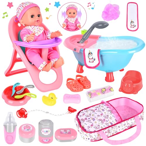 Aragallant Conjunto de bonecas para bebé, 25 unidades acessórios para bonecas, carrinho de bebé bonecas brinquedo com roupa de boneca, chupeta, biberão, banheira e acessórios de casa de banho