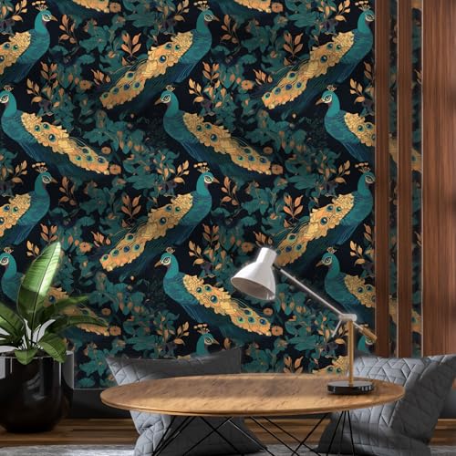 ICYEHAO Papel de parede parede de pavão real verde, 44 x 300 cm papel de parede de pavão real com design de pássaros e folhas verdes para móveis paredes na casa de banho, sala de estar, quarto e