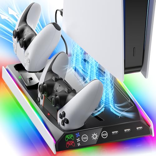 Fenolical Suporte fino para PS5/PS5 com ventilador de refrigeração ajustável, suporte para carregador de refrigeração vertical PS5 para PS5/PS5 Slim, estação de refrigeração fina multifuncional