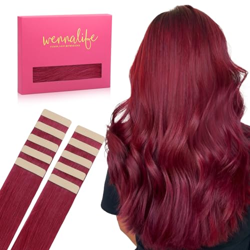 WENNALIFE Extensões adesivas cabelo natural, vermelho borgonha 60 cm 30 g 10 peças extensões de cabelo natural cabelo humano pavios cabelo liso invisível para meninas mulheres tranças