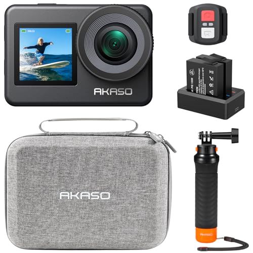 AKASO Conjunto de mergulho curto 7 câmara desportiva 4K 20 MP wifi câmara de ação para surf e mergulho câmara aquática submergível com aderência flutuante impermeável com ecrã duplo 2 baterias