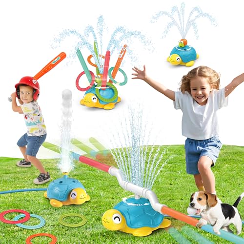 4 em 1 tartaruga brinquedo de água para crianças ao ar livre, brinquedos ao ar livre com Splash de carraço, lançamento de anel, jogo de beisebol e jogo de salto, jogos de água de 3 a 12 anos