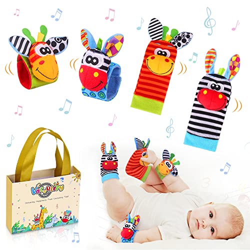 Chocalho meias e pulseiras para bebé, chocalho Toys com localizador de bonecas e pés brinquedos de animais macios e bonitos para recém-nascidos crianças bebés (2 pulseiras e 2 meias)