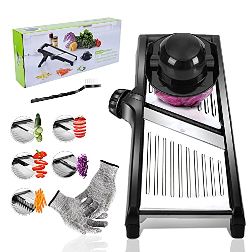 Masthome Bandolinas de cozinha profissional, cortador de legumes com lâminas afiadas, inoxidável ajustável, bandolim para legumes, cebolas - com luvas à prova de cortes e escova de limpeza